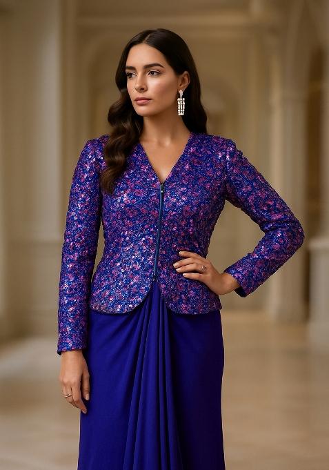 Royal Blue Satin Embellished Jacket Fusion Set