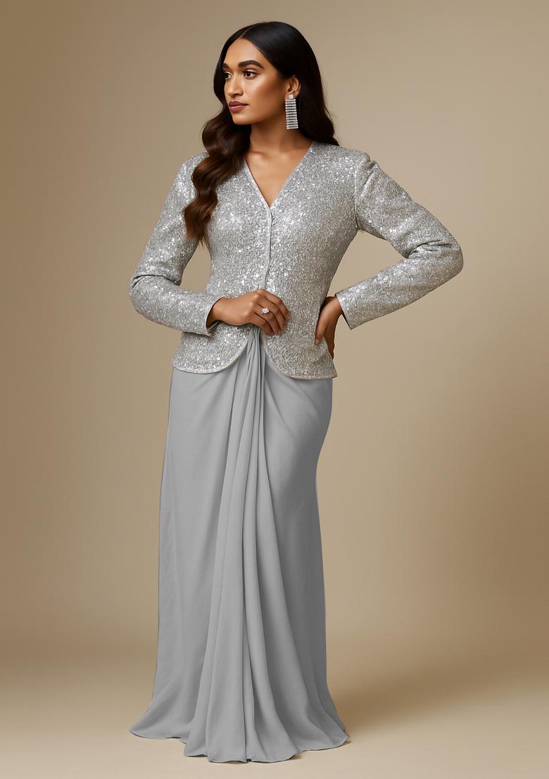 Grey Satin Embellished Jacket Fusion Set