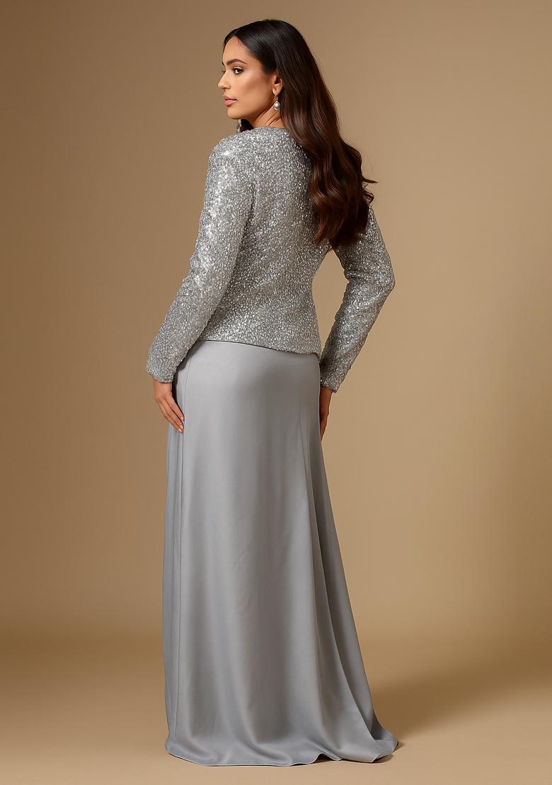 Grey Satin Embellished Jacket Fusion Set - Indya