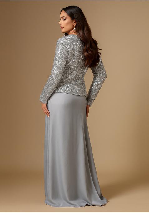 Grey Satin Embellished Jacket Fusion Set