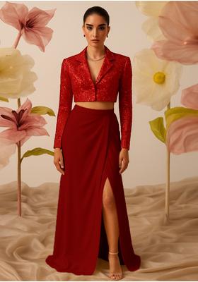 Red Satin Embellished Jacket Fusion Set