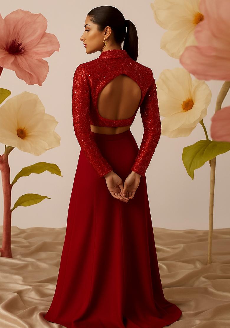 Red Satin Embellished Jacket Fusion Set - Indya