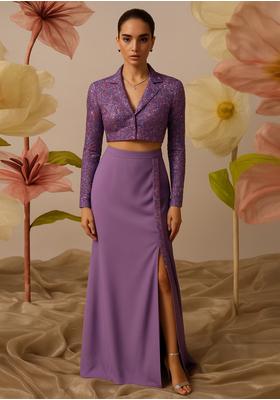 Blue Satin Embellished Jacket Fusion Set