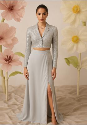 Silver Satin Embellished Jacket Fusion Set