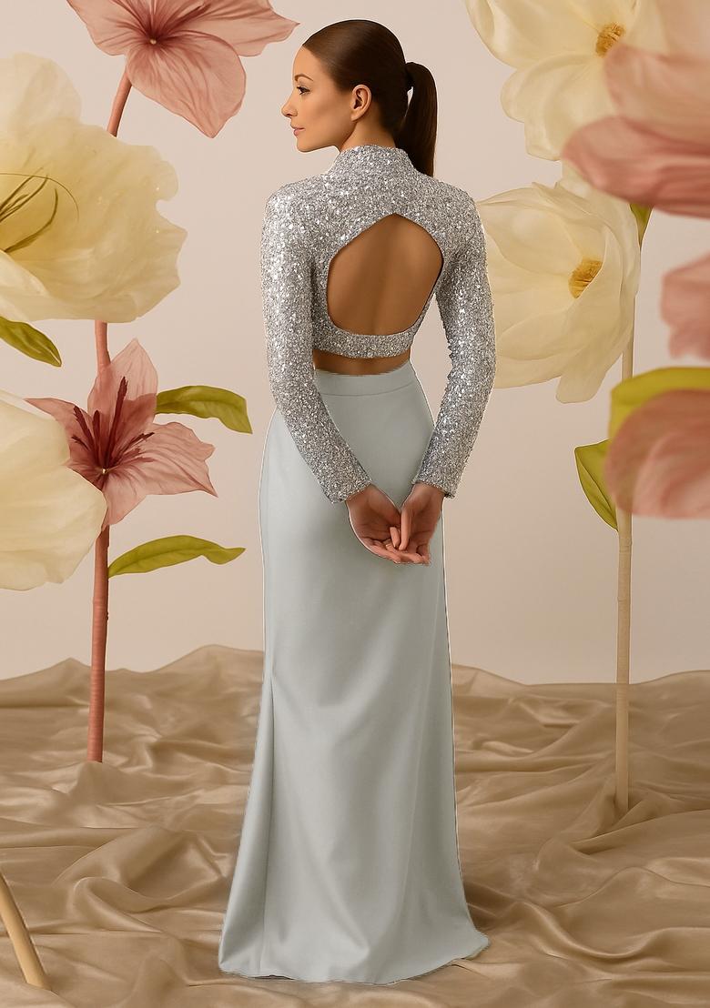 Silver Satin Embellished Jacket Fusion Set - Indya