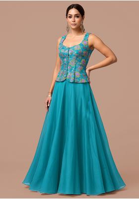 Sky Blue Embroidered Crepe Fusion Set