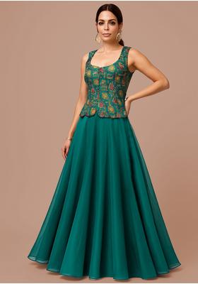 Teal Green Printed Embroidered Blouse Georgette Fusion Set