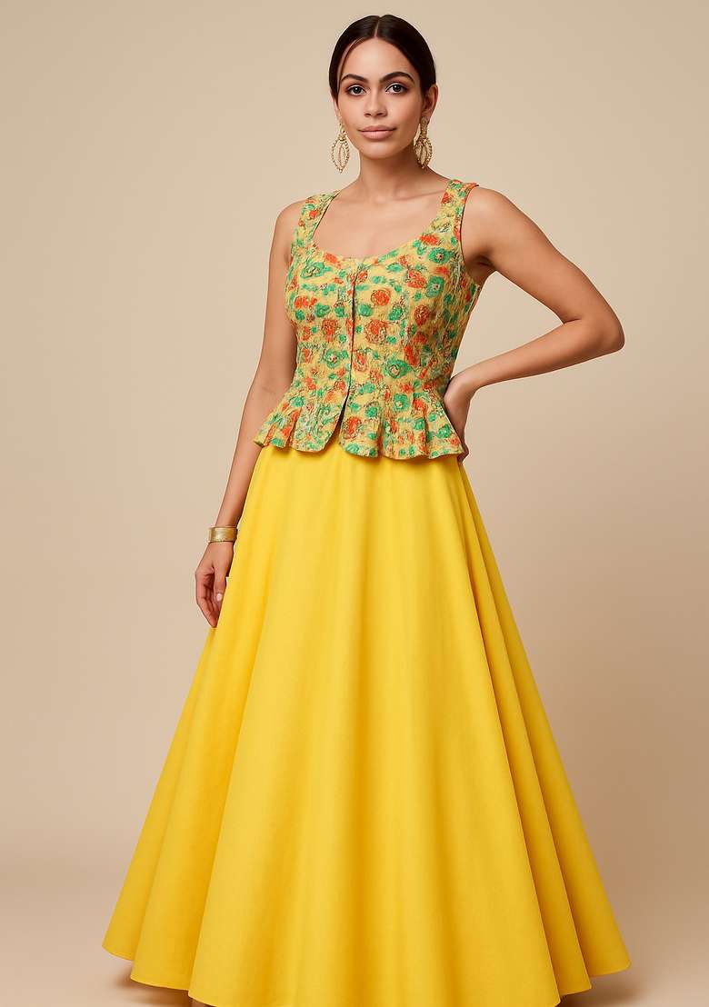 Yellow Embroidered Blouse Georgette Fusion Set - Indya