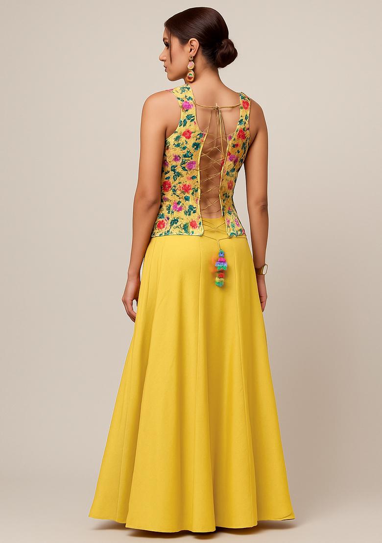 Yellow Embroidered Crepe Fusion Set - Indya