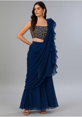 Teal Blue Crepe Sequin Embroidered Blouse Fusion Set