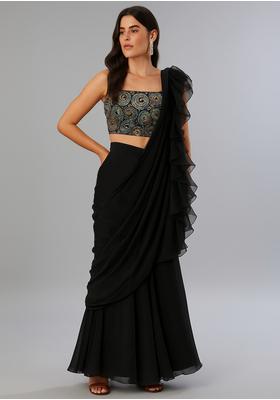 Black Crepe Sequin Embroidered Blouse Fusion Set