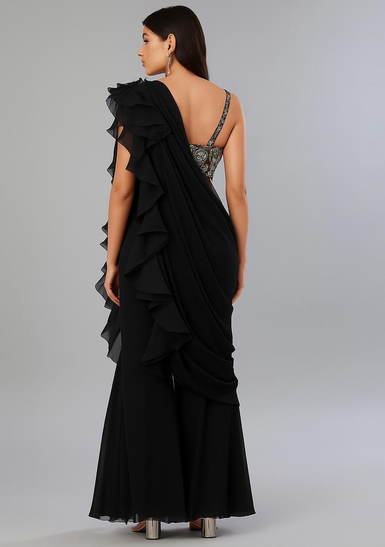 Black Crepe Sequin Embroidered Blouse Fusion Set - Indya