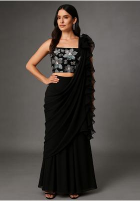 Black Crepe Sequin Embroidered Blouse Fusion Set