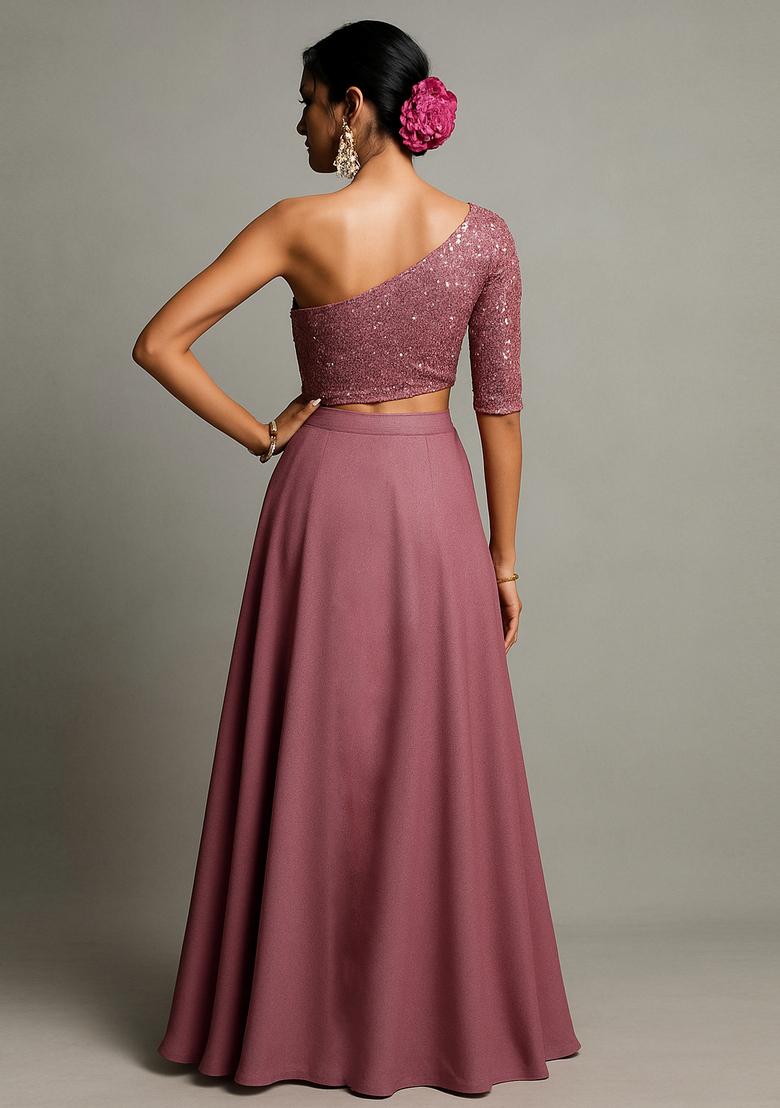 Pink Georgette Sequin Embroidered Fusion Set - Indya