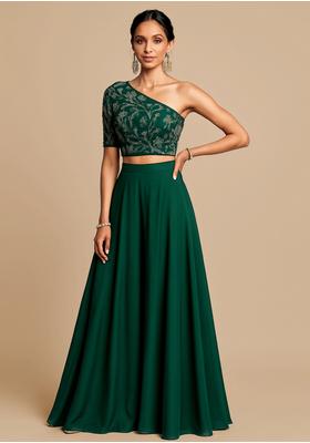 Dark Green Embroidered Blouse Georgette Lehenga Set