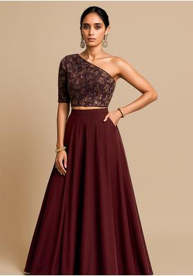 Brown Georgette Sequin Embroidered Fusion Set
