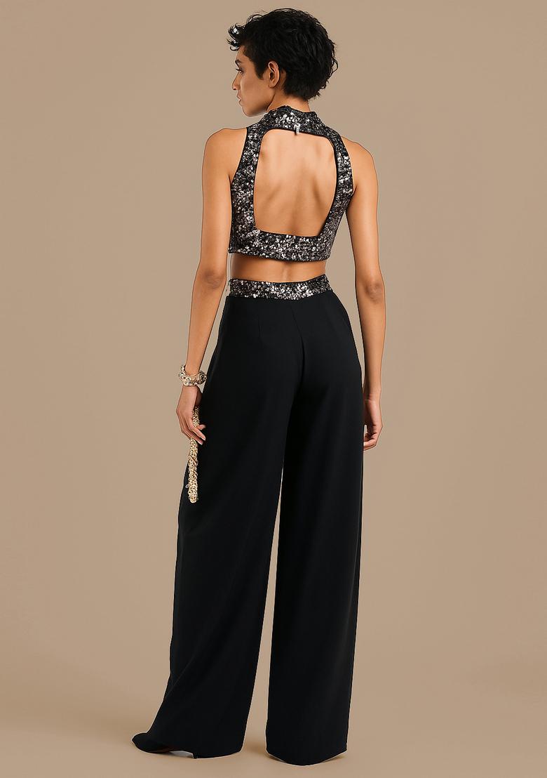 Black Crepe Sequin Embroidered Fusion Set - Indya