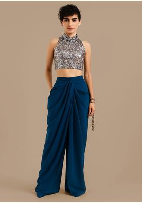 Blue Crepe Sequin Embroidered Fusion Set