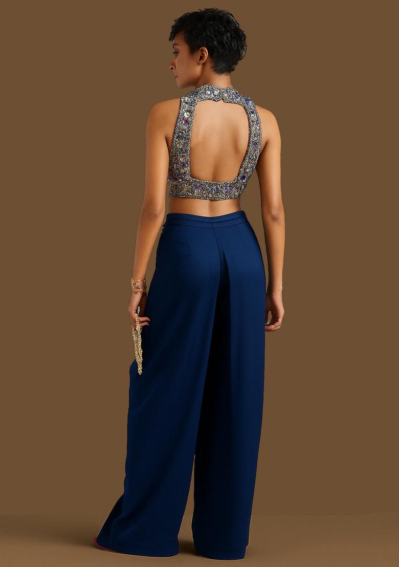 Blue Crepe Sequin Embroidered Fusion Set - Indya