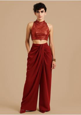 Red Crepe Sequin Embroidered Fusion Set