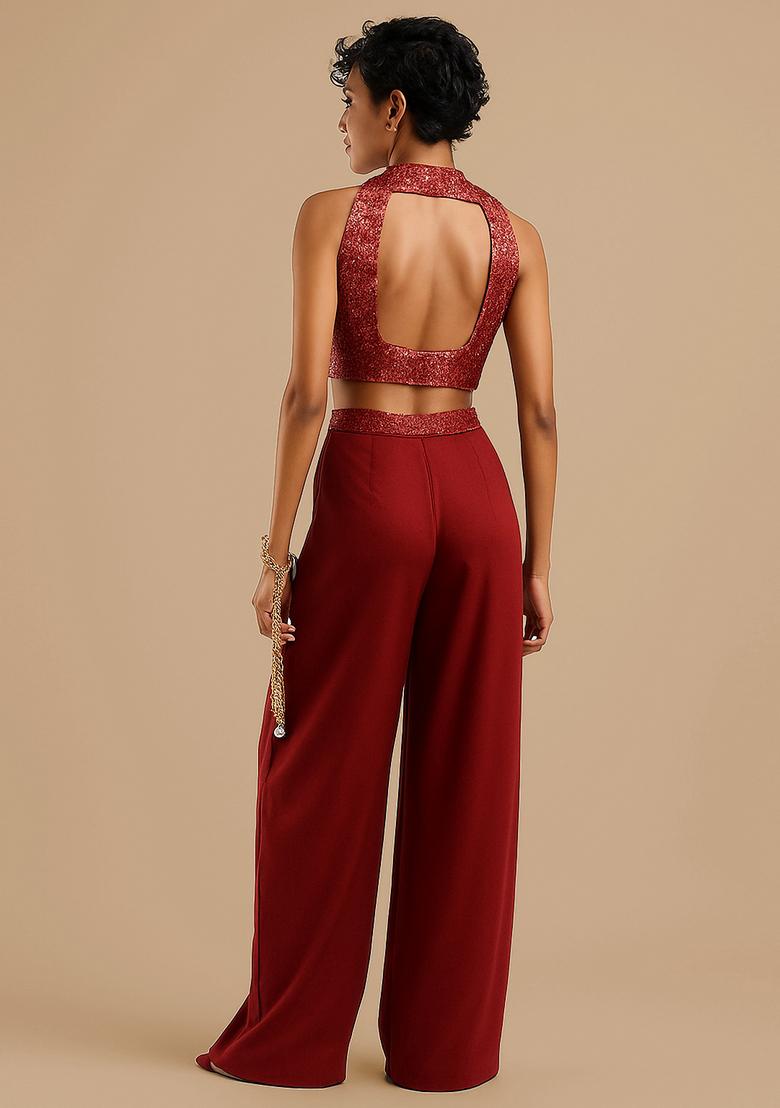 Red Crepe Sequin Embroidered Fusion Set - Indya