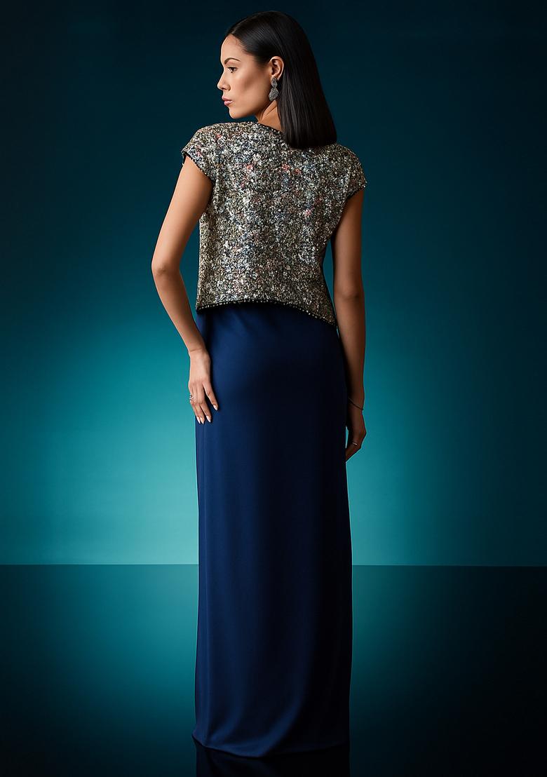 Blue Crepe Sequin Fusion Set - Indya