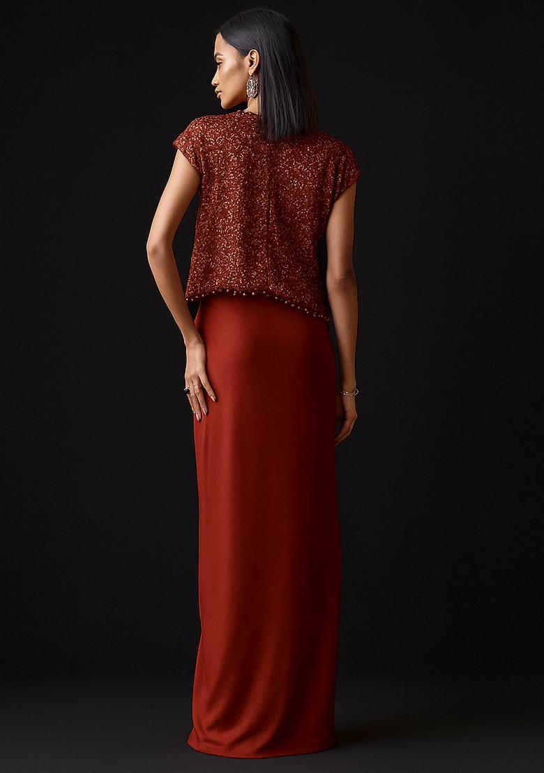 Orange Crepe Sequin Fusion Set - Indya