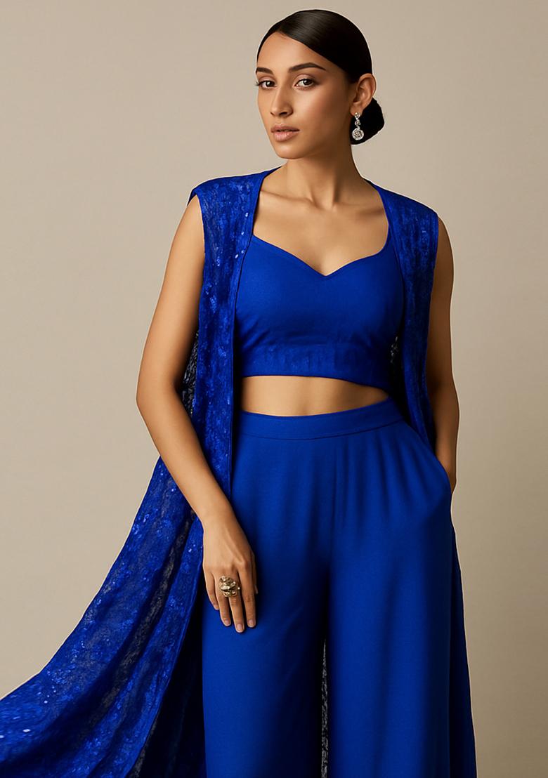 Blue Embroidered Georgette Fusion Set - Indya