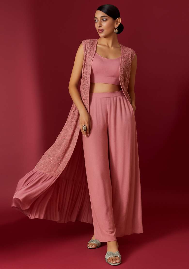 Pink Embroidered Georgette Fusion Set - Indya