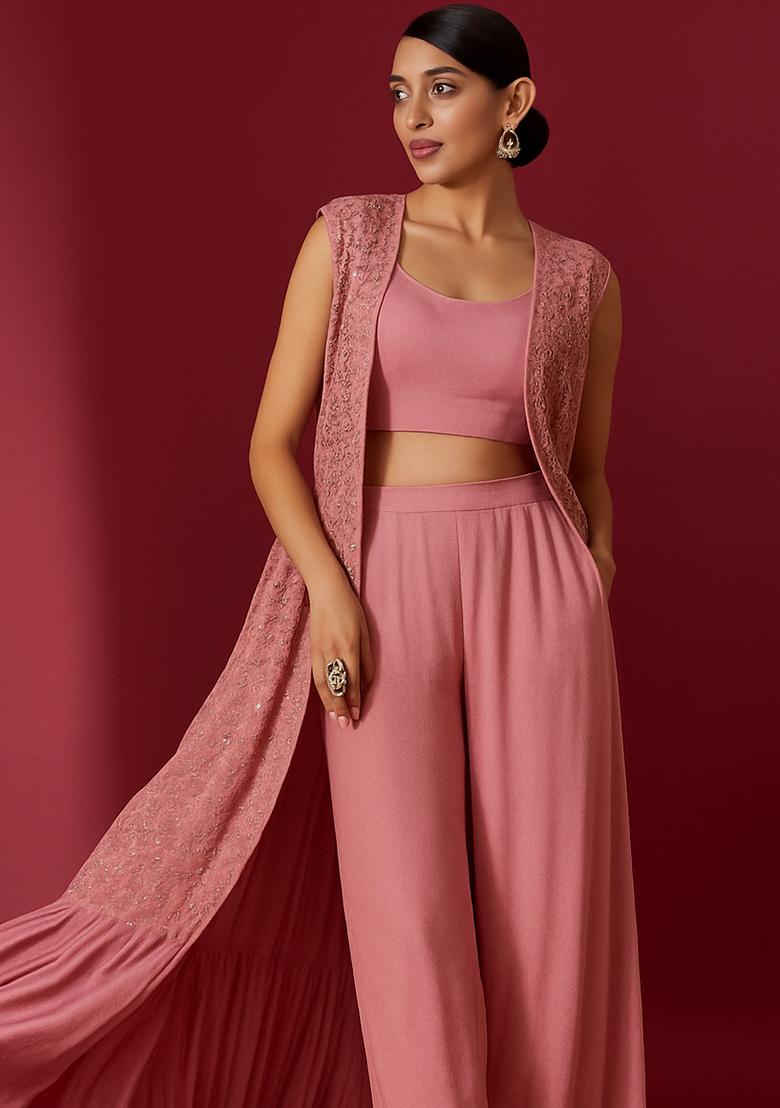 Pink Embroidered Georgette Fusion Set - Indya