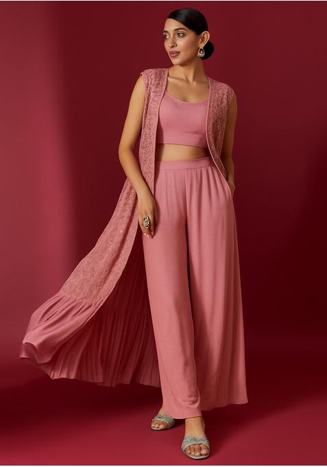 Pink Embroidered Georgette Fusion Set