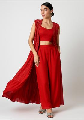 Red Embroidered Georgette Fusion Set
