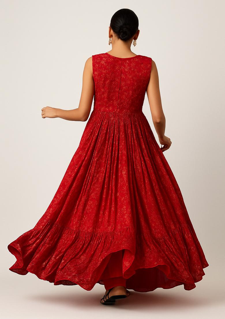 Red Embroidered Georgette Fusion Set - Indya