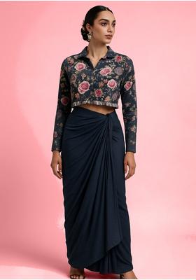 Black Printed Blouse Georgette Fusion Set