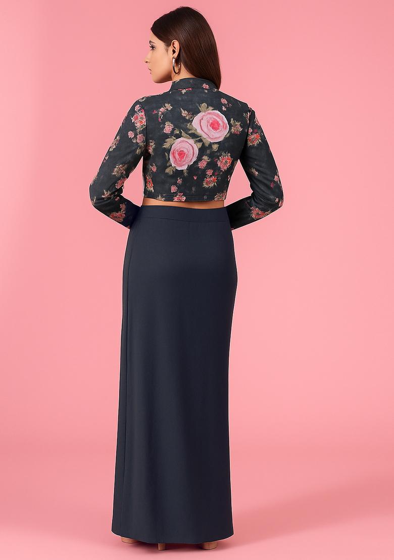 Black Sequin Embroidered Crepe Fusion Set - Indya