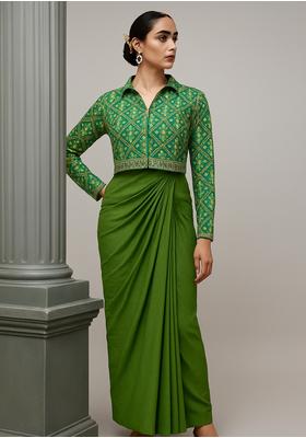 Green Printed Blouse Georgette Fusion Set