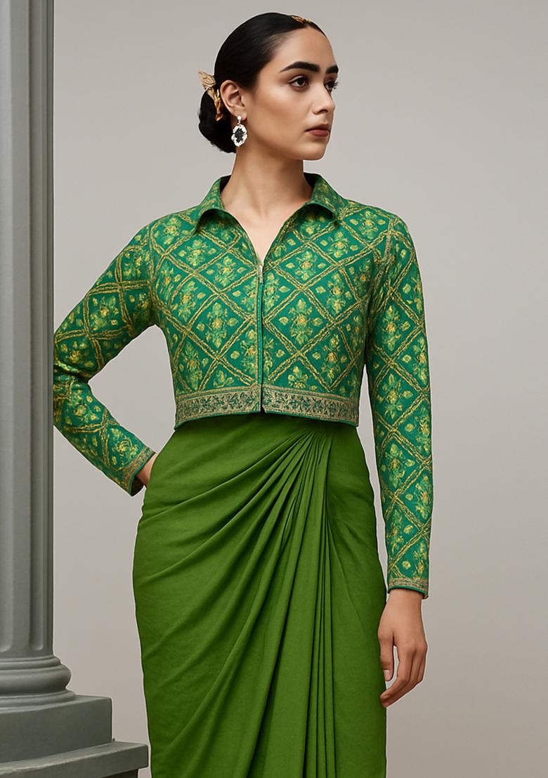 Green Embroidered Crepe Fusion Set - Indya