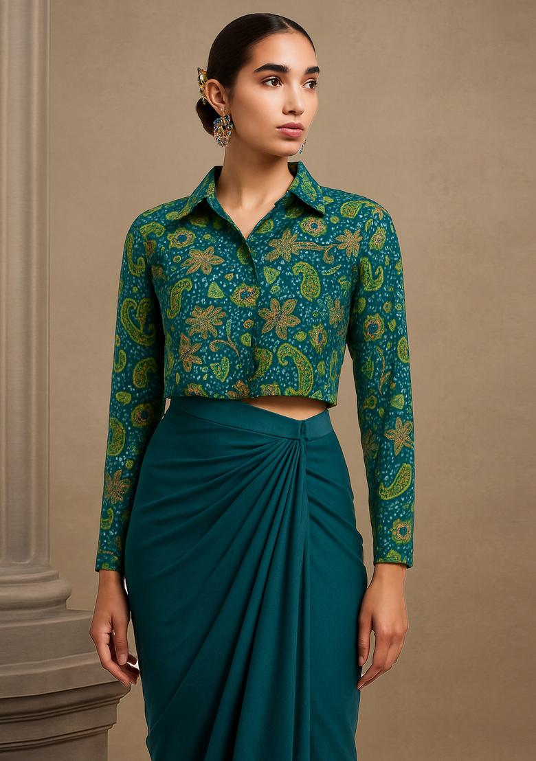 Teal Blue Printed Blouse Georgette Fusion Set