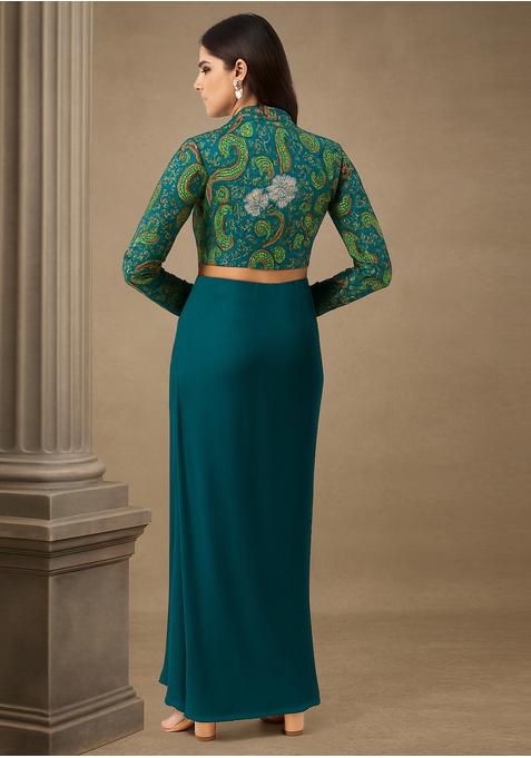 Teal Blue Printed Blouse Georgette Fusion Set