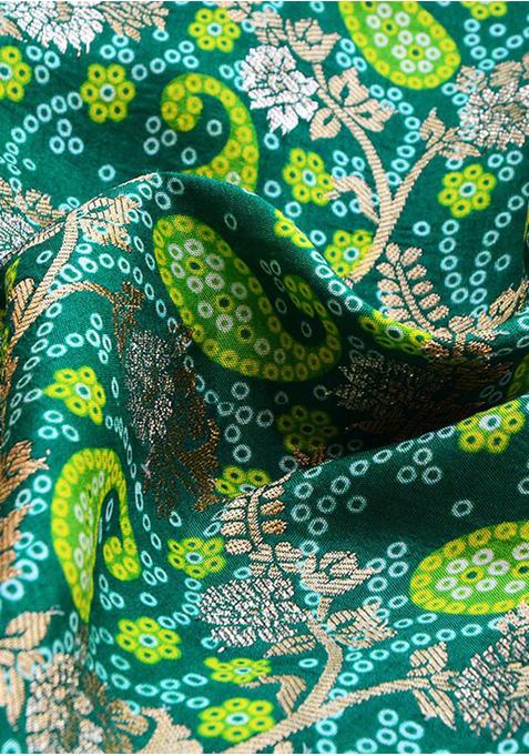 Teal Blue Printed Blouse Georgette Fusion Set