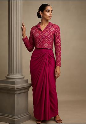 Pink Printed Blouse Georgette Fusion Set