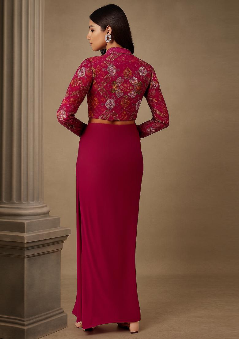 Pink Zari Work Crepe Fusion Set - Indya