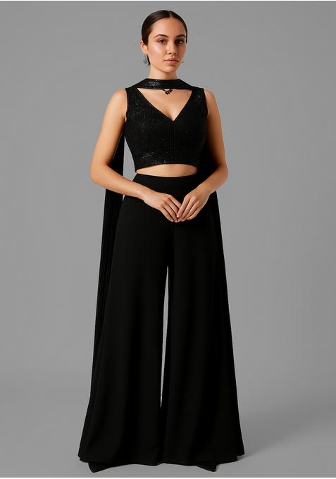 Black Embellished Blouse Georgette Fusion Set