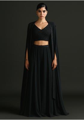 Black Embellished Blouse Georgette Fusion Set