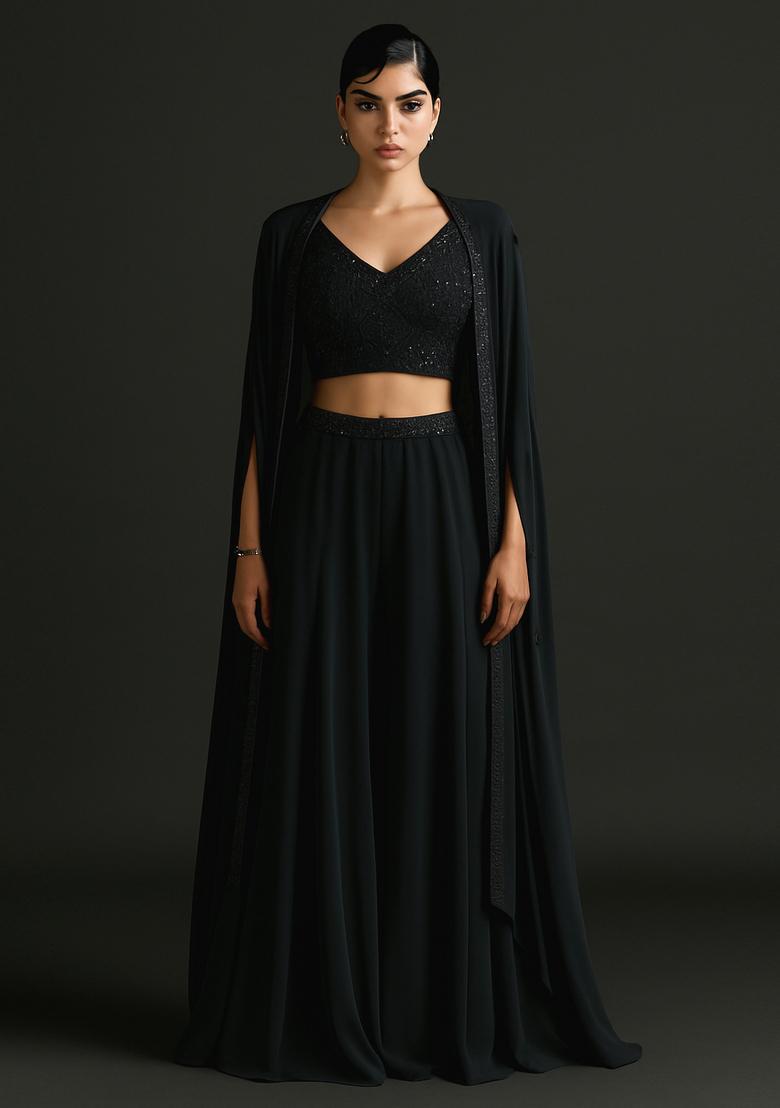 Black Embellished Blouse Georgette Fusion Set