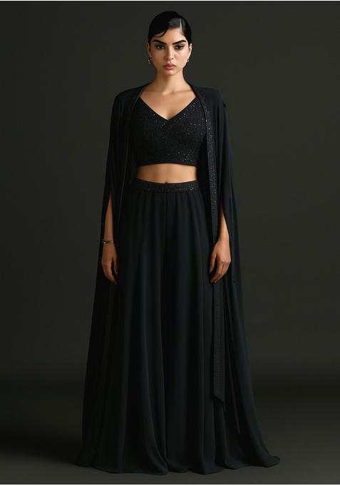 Black Embellished Blouse Georgette Fusion Set