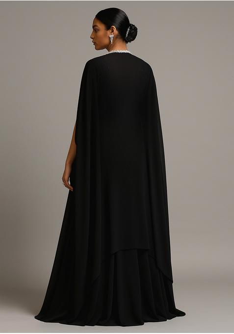 Black Embellished Blouse Georgette Fusion Set