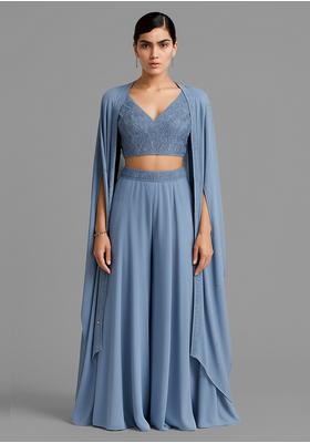 Sky Blue Sequin Embroidered Georgette Fusion Set