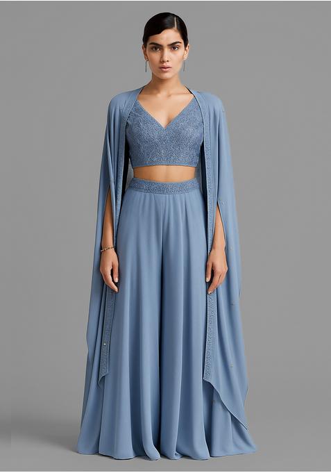 Sky Blue Embellished Blouse Georgette Fusion Set