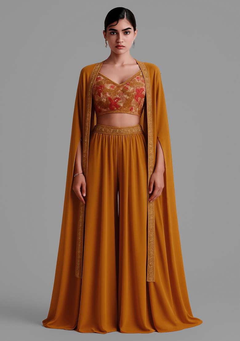 Mustard Embroidered Blouse Georgette Fusion Set - Indya